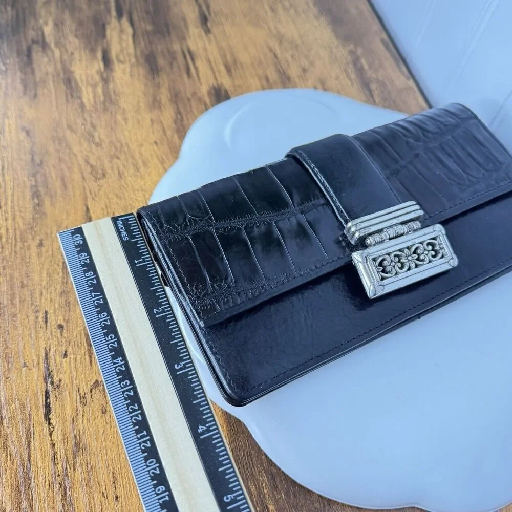 BRIGHTON Wallet Organizer Black Genuine Leather Croc Embossed Silver Accent